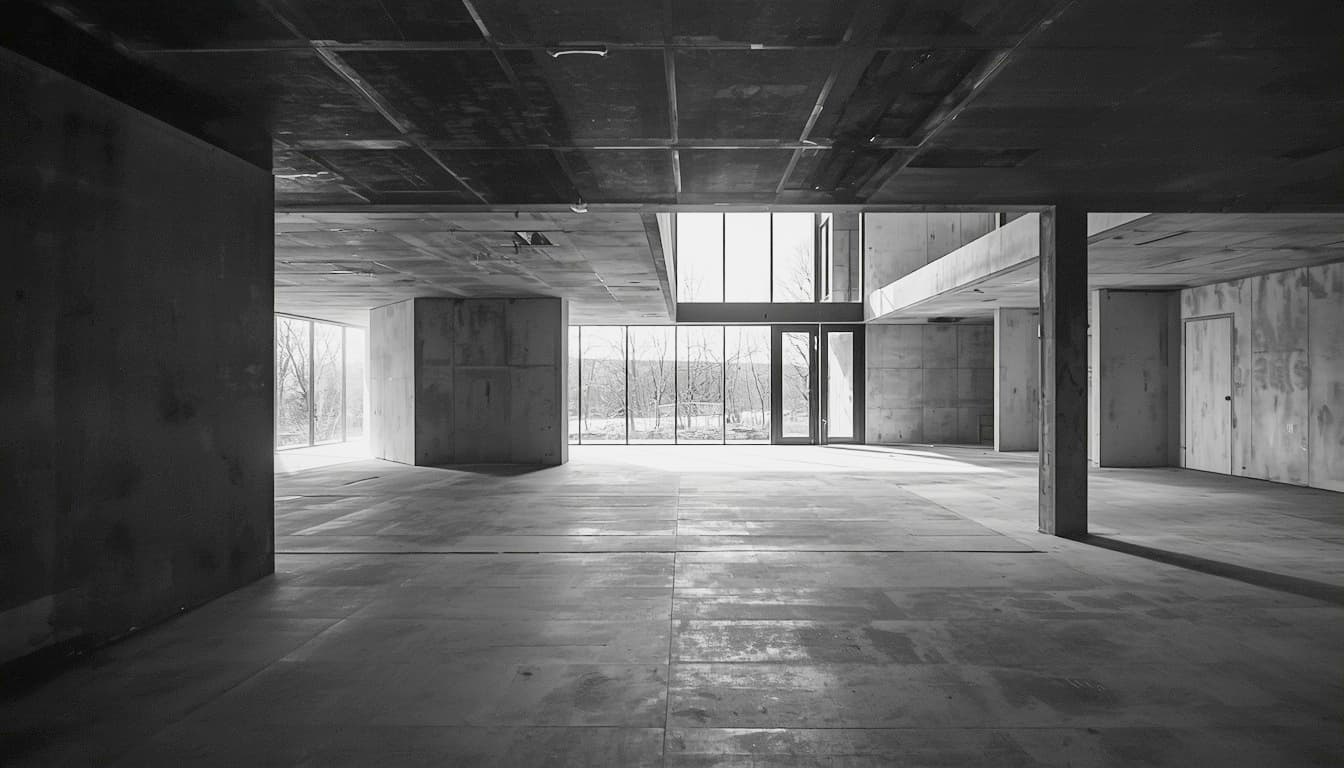 Modern construction site with architectural framing and precision craftsmanship